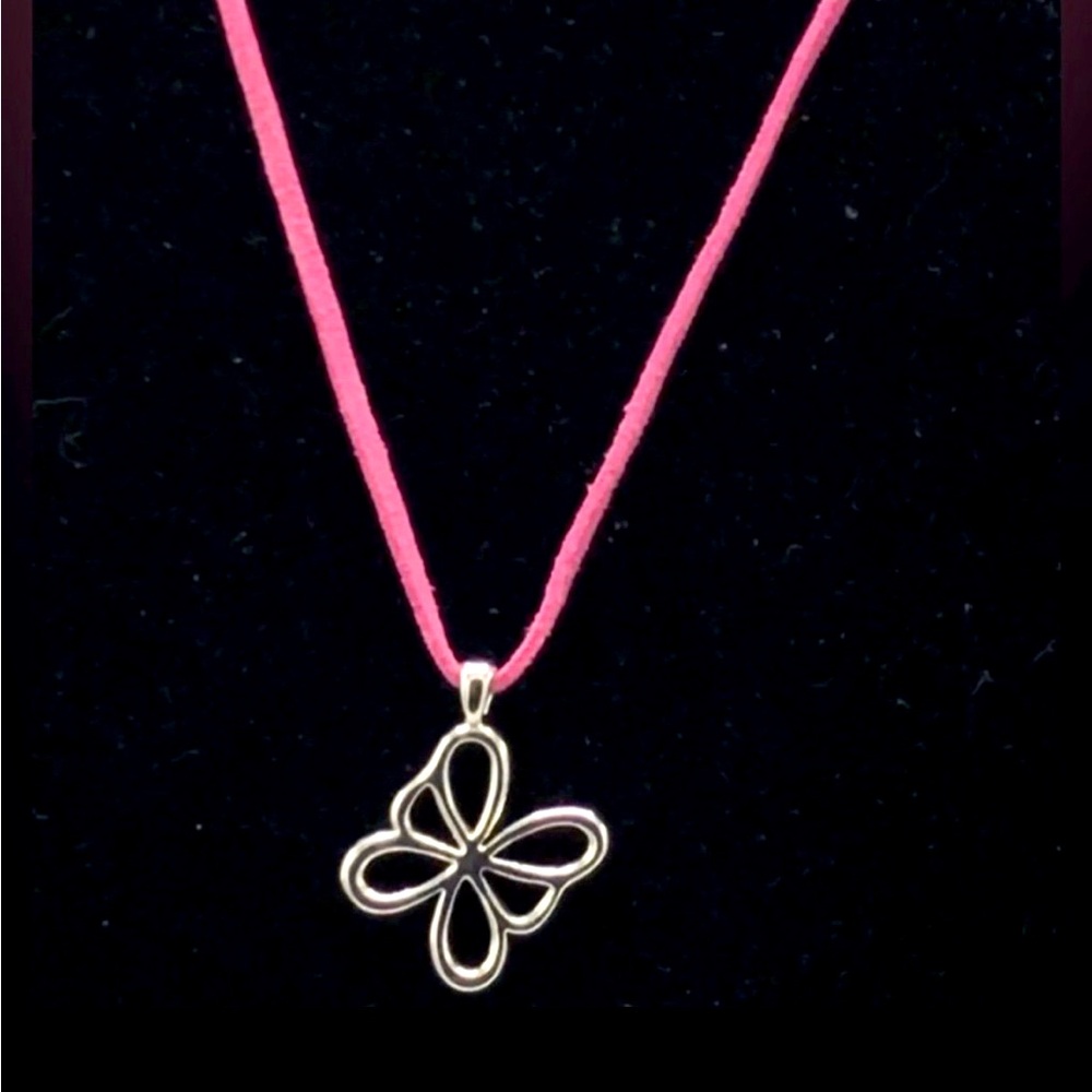 Vintage Lia Sophia Silver Butterfly Necklace on a Pink Suede Rope